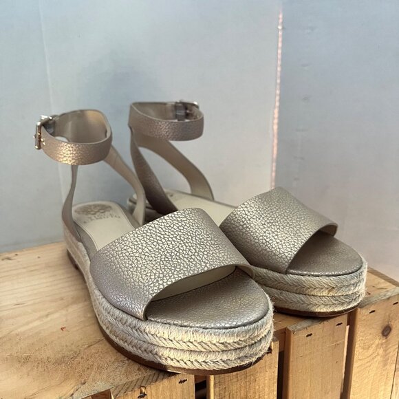 Vince Camuto Size 9 Gold Leather Kathalia Ankle Strap Flatform Espadrille Sandal - Picture 9 of 16